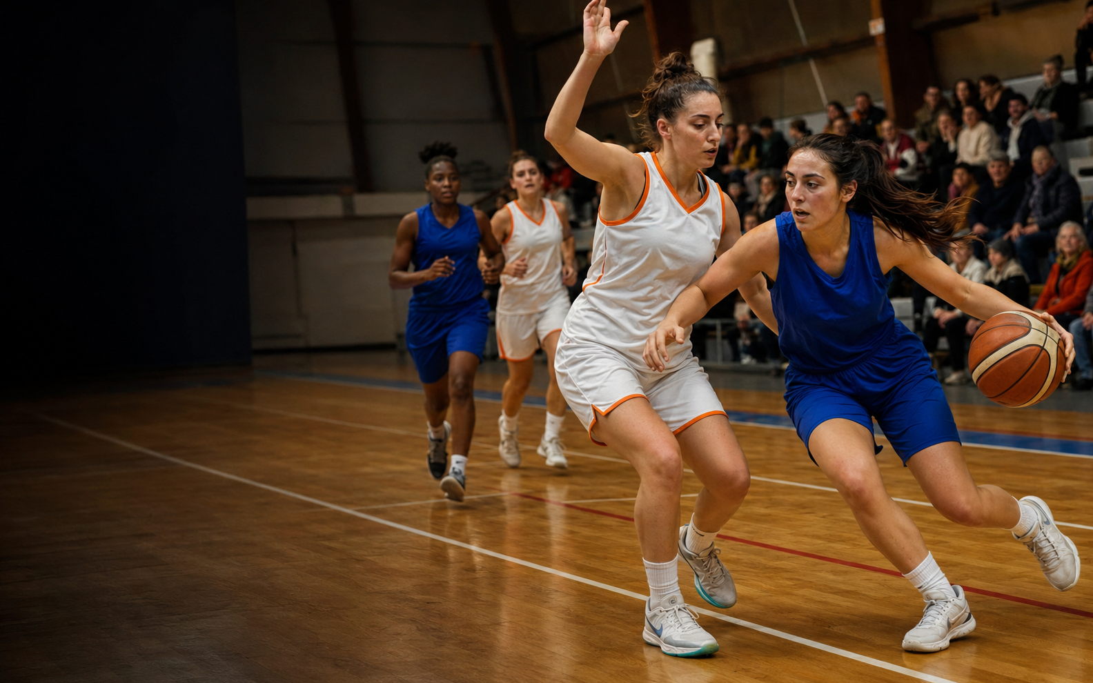 Joueuses et joueurs de basketball en plein match dans un gymnase
